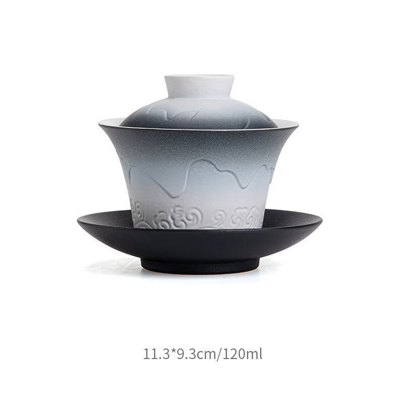 Buddha Stones Retro Blue Ocean Sea Waves Gradient Ceramic Gaiwan Sancai Teacup Kung Fu Tea Cup And Saucer With Lid Cup BS Black White Gradient 11.3*9.3cm*120ml