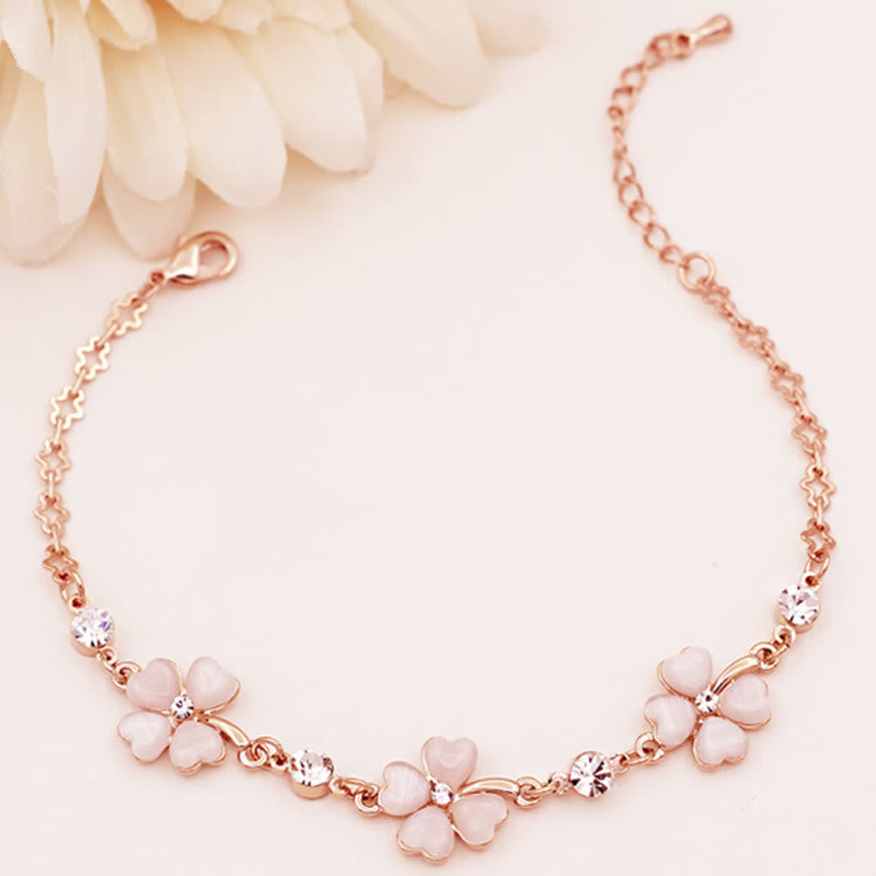 Buddha Stones Pink Crystal Four Leaf Clover Love Chain Bracelet Bracelet BS 3