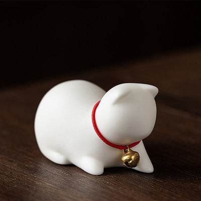 Buddha Stones Mini Small Cute Cat Tea Pet Ceramic Home Desk Figurine Decoration Decorations BS Sitting Cat 5*3*3cm White