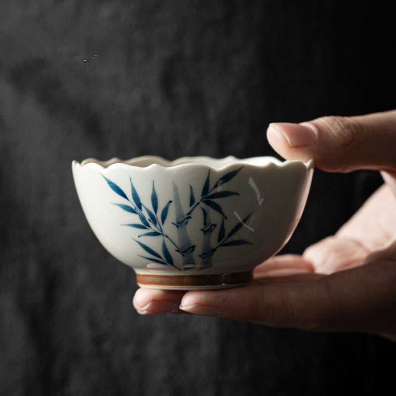 Buddha Stones Small Blue Bamboo Leaves Ceramic Teacup Kung Fu Tea Cup Bowl Cup BS 7.7cm*4cm*65ml