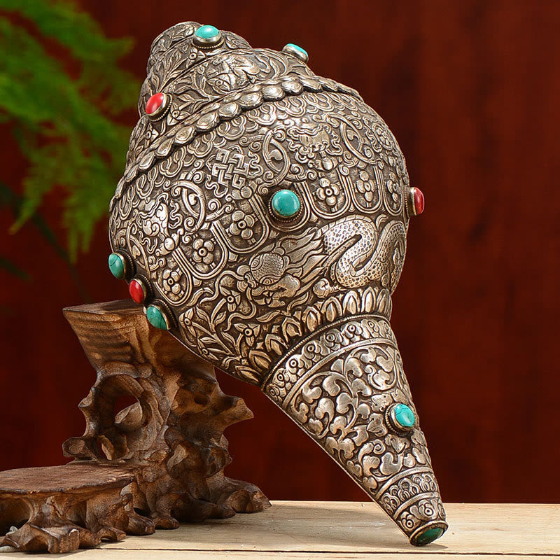 Buddha Stones Tibetan Handmade Natural Shankha Engraved Eight Auspicious Symbols Conch Shell Lucky Home Decoration Decorations BS 27.5*15cm