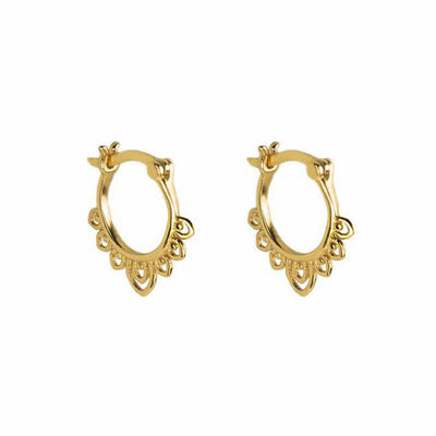 Buddha Stones Round Lotus Flower Pattern Luck Hoop Earrings Earrings BS Gold