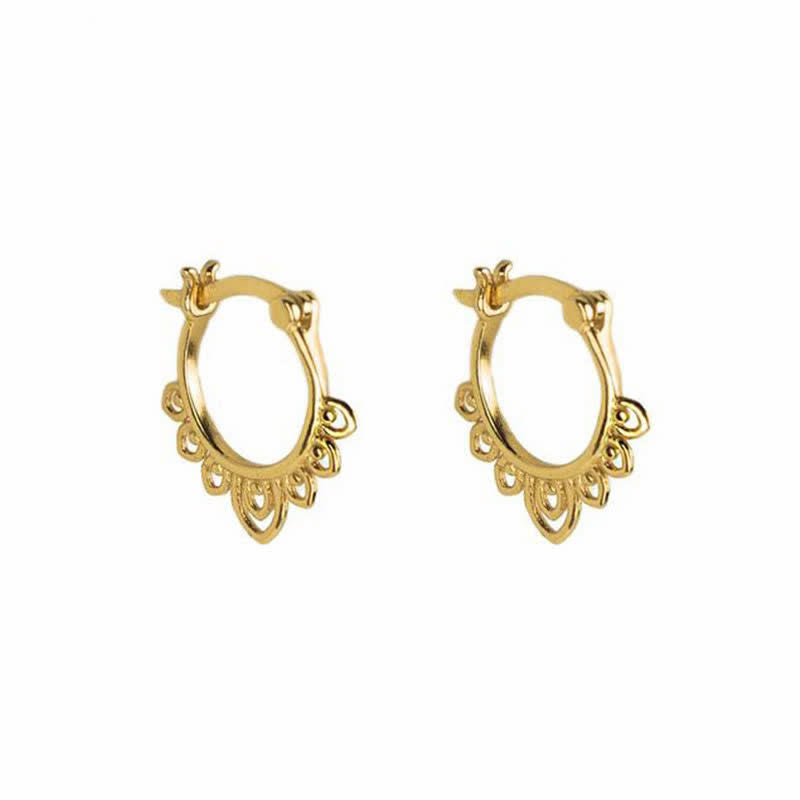 Buddha Stones Round Lotus Flower Pattern Luck Hoop Earrings Earrings BS Gold