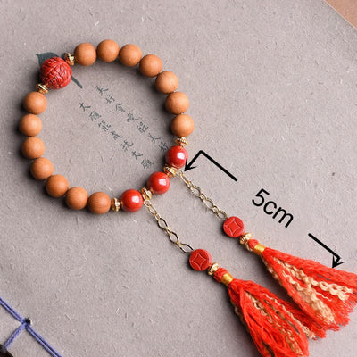 Buddha Stones Tibetan Natural Peach Wood Cinnabar PiXiu Wealth Tassels Bracelet Bracelet BS 8