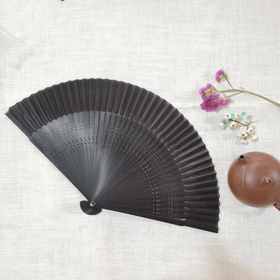 Buddha Stones Simple Hollow Engraved Handheld Bamboo Folding Fan Folding Fan BS Black 22cm