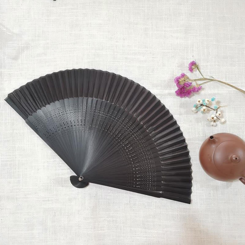 Buddha Stones Simple Hollow Engraved Handheld Bamboo Folding Fan Folding Fan BS Black 22cm