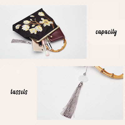 Buddha Stones Plum Blossom Embroidery Bamboo Handle Handbag Crossbody Bag Crossbody Bag&Handbags BS 7