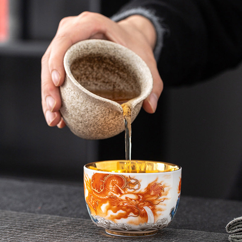 Buddha Stones Dragon Phoenix Crane Sun Ocean Waves Gilt Ceramic Teacup Kung Fu Tea Cup 170ml Cup BS 8