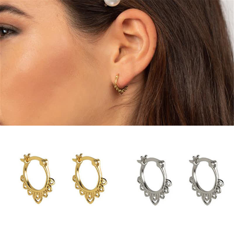 Buddha Stones Round Lotus Flower Pattern Luck Hoop Earrings Earrings BS 3