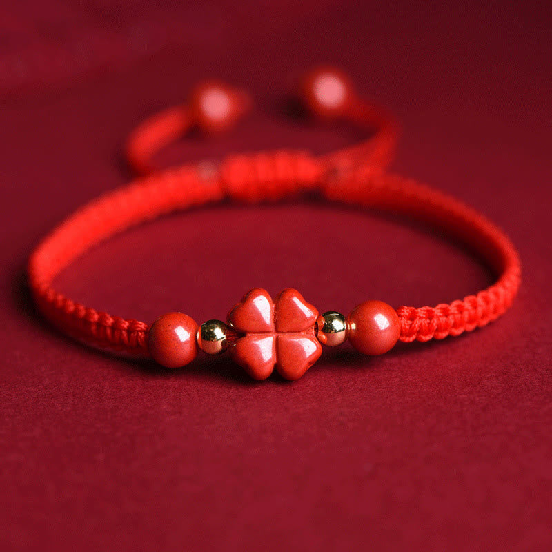 Buddha Stones Four Leaf Clover Five-petal Flower Cinnabar Blessing Red String Bracelet Bracelet BS Red Cinnabar Lucky Four Leaf Clover(Wrist Circumference 15-19cm)