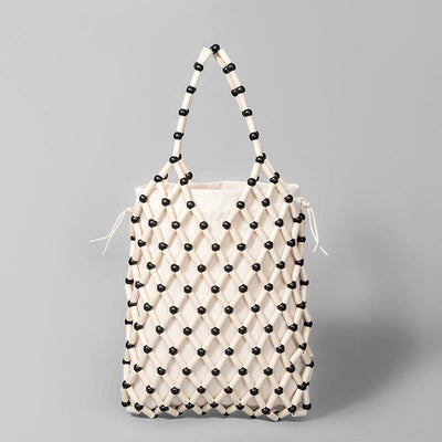 Buddha Stones Hand-woven Mesh Hollow Wooden Beads Handbag Handbags BS White&Black 15*4*25cm