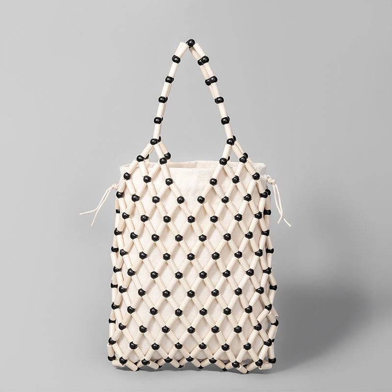 Buddha Stones Hand-woven Mesh Hollow Wooden Beads Handbag Handbags BS White&Black 15*4*25cm