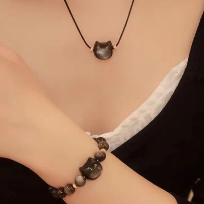 Foviel Gold Sheen Obsidian Silver Sheen Obsidian Lovely Paw Lucky Cat Protection Bracelet