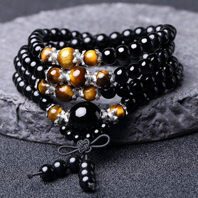 Buddha Stones 108 Beads Natural Black Obsidian Tiger Eye Mala Bracelet Mala Bracelet BS 1