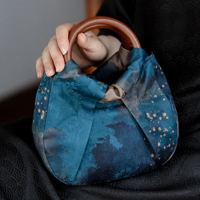 Buddha Stones Handmade Jacquard Flower Blue Wooden Handle Handbag Handbags BS 11