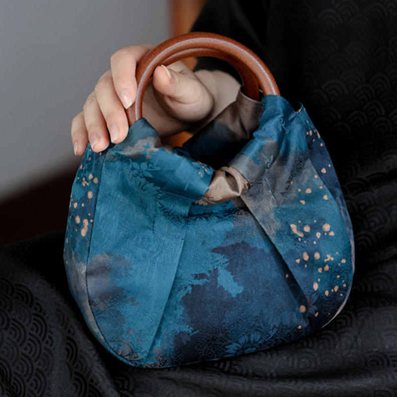 Buddha Stones Handmade Jacquard Flower Blue Wooden Handle Handbag Handbags BS 11
