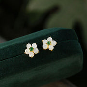 Foviel White Jade Flower Luck Blessing Stud Earrings