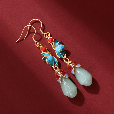 Buddha Stones Magnolia Flower Jade Pattern Luck Prosperity Drop Dangle Earrings Earrings BS 1
