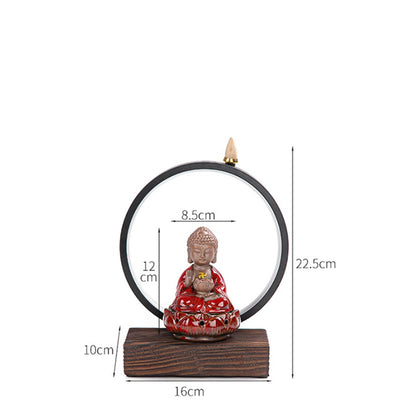 Buddha Stones Buddha Lotus Backflow Smoke Fountain Ceramic Blessing Incense Burner With Light Decoration Incense Burner BS 6