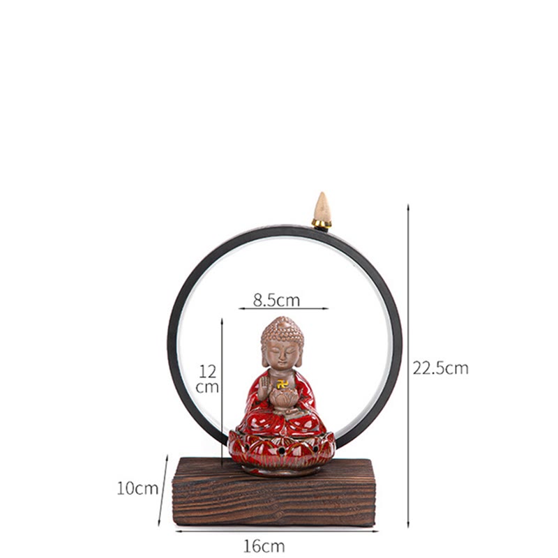 Buddha Stones Buddha Lotus Backflow Smoke Fountain Ceramic Blessing Incense Burner With Light Decoration Incense Burner BS 6