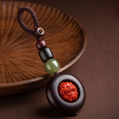 Foviel Tibet Om Mani Padme Hum PiXiu Copper Coin Small Leaf Red Sandalwood Cinnabar Protection Key Chain