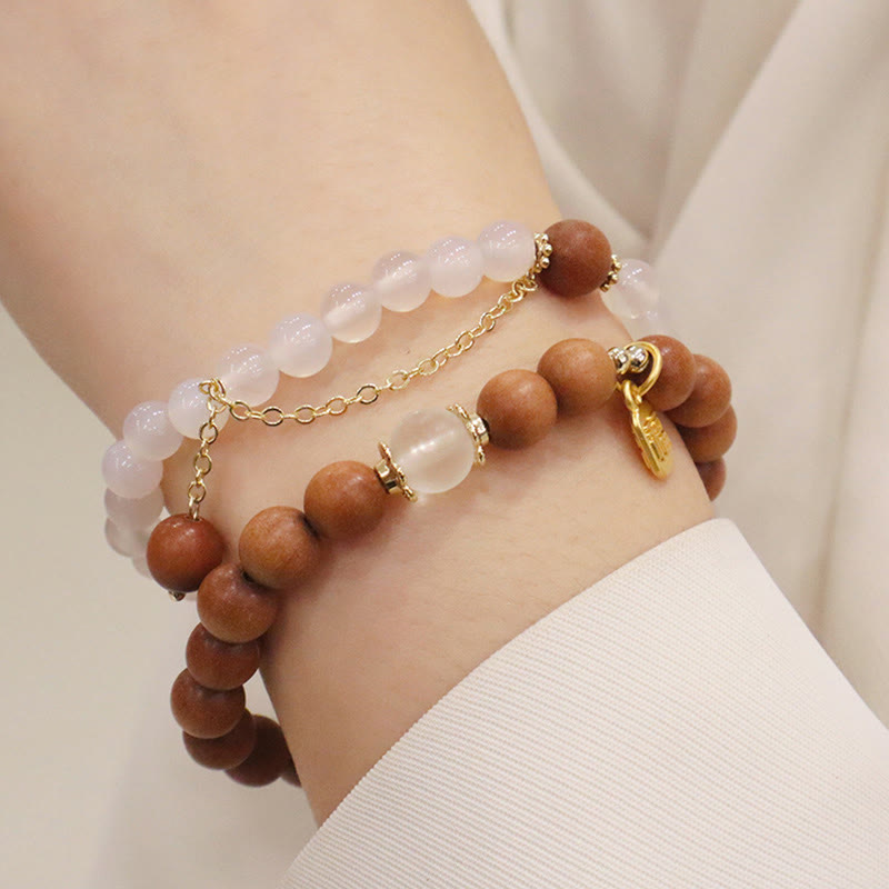 Buddha Stones Sandalwood Cat's Eye Fu Character Charm Protection Bracelet Bracelet BS 17