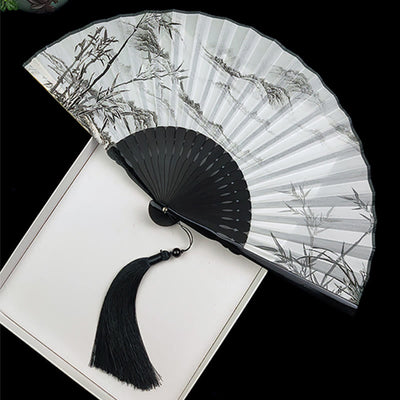 Buddha Stones Vintage Bamboo Peony Butterfly Lotus Handheld Silk Folding Fan With Bamboo Frames Folding Fan BS Bamboo Mountain