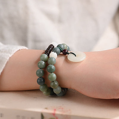 Buddha Stones Cyan Bodhi Seed Lotus Jade Peace Buckle Wisdom Double Wrap Bracelet Mala Bracelet BS 4