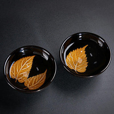 Buddha Stones Gold Maple Leaf Chinese Jianzhan Ceramic Teacup Tenmoku Kung Fu Tea Cup Bowl Jian Zhan Tea Cup BS 12