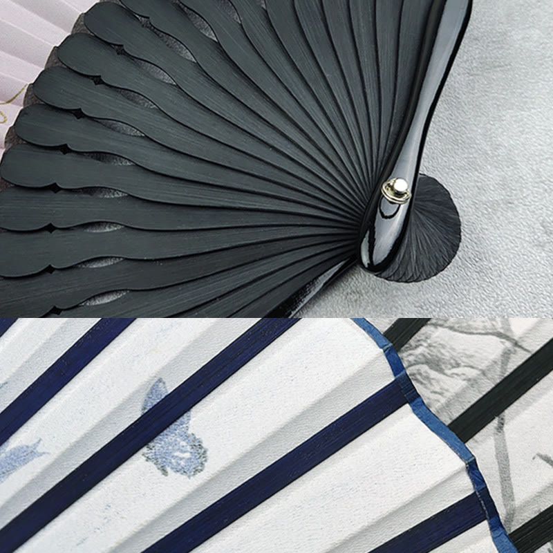 Buddha Stones Vintage Bamboo Peony Butterfly Lotus Handheld Silk Folding Fan With Bamboo Frames Folding Fan BS 9