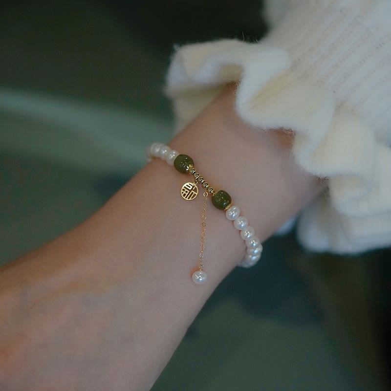Buddha Stones Natural Pearl Hetian Jade Happiness Wisdom Bead Bracelet Bracelet BS 1