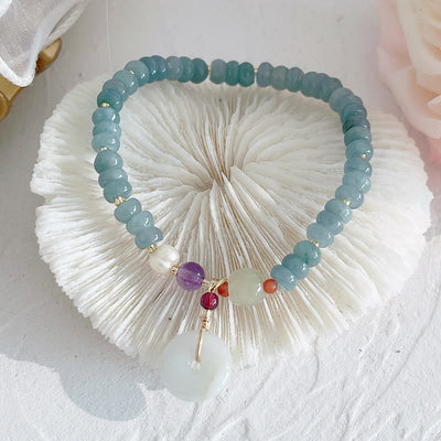 Buddha Stones Natural Hetian Jade Pearl Peace Buckle Fu Character Gourd Money Bag Strawberry Quartz PiXiu Luck Bracelet Bracelet BS Hetian Jade Peace Buckle