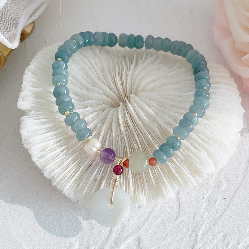 Buddha Stones Natural Hetian Jade Pearl Peace Buckle Fu Character Gourd Money Bag Strawberry Quartz PiXiu Luck Bracelet Bracelet BS Hetian Jade Peace Buckle