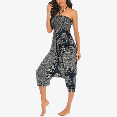 Buddha Stones Two Style Wear Elephant Pattern Loose Smocked Harem Trousers Jumpsuit Women's Yoga Pants Harem Pants&Bodysuit BS 28