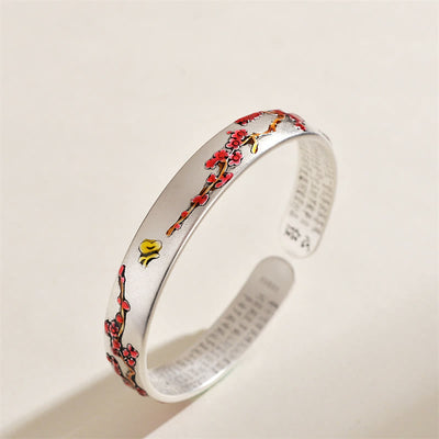 Buddha Stones Plum Blossom Chrysanthemum Flower Design Heart Sutra Healing Bracelet Cuff Bangle Bracelet Bangle BS Plum Blossom
