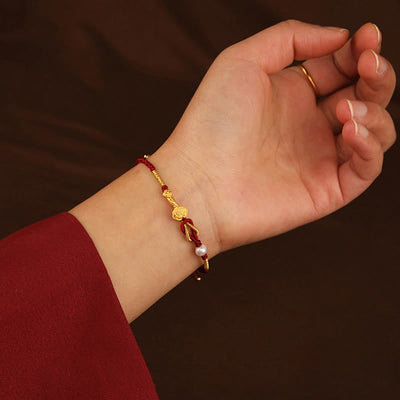 Foviel 24K Gold wünschen Ruyi Griff Fu Charakter Kaninchen Perle Glück Geflochten Armband
