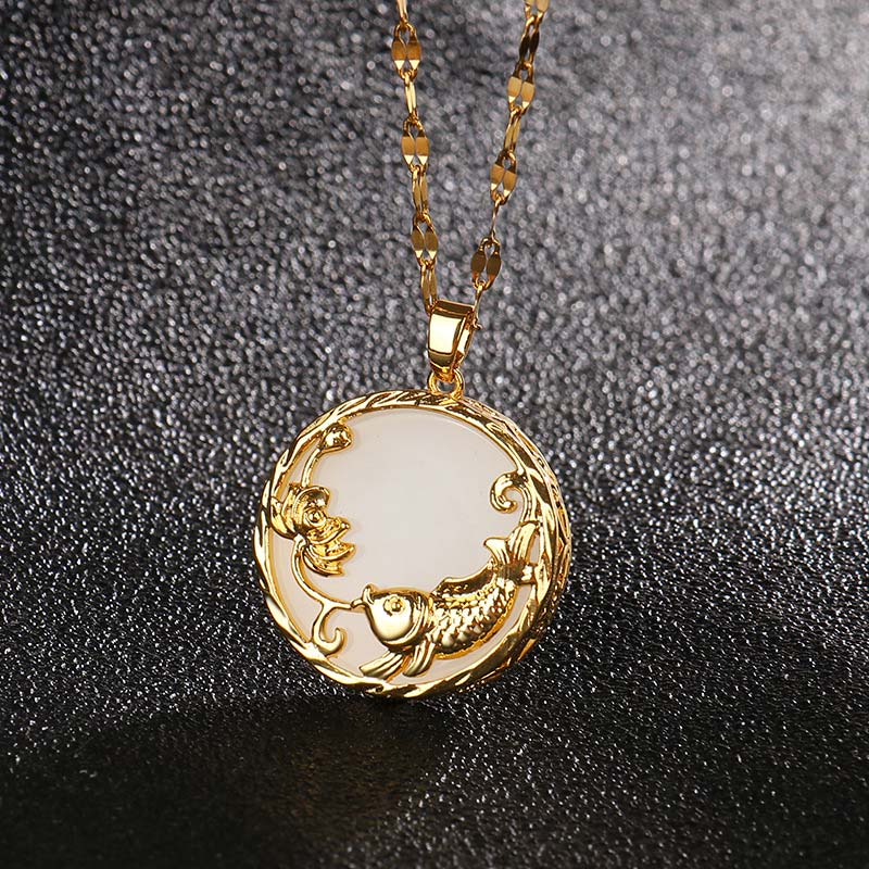 Buddha Stones Natural Jade Koi Fish Lotus Luck Necklace Pendant Necklaces & Pendants BS White jade