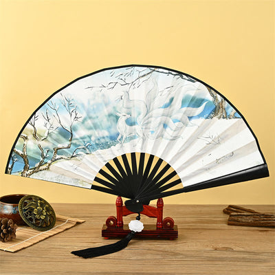 Buddha Stones Vintage Phoenix Nine-Tailed Fox Flower Bamboo Tiger Handheld Folding Fan Lotus Tassel Fan Folding Fan BS Nine-Tailed Fox