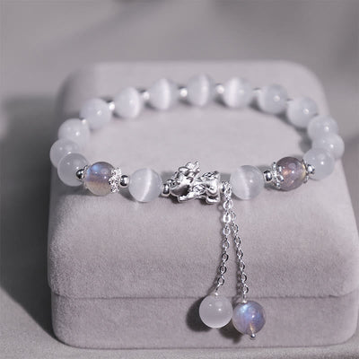 Buddha Stones Natural Cat's Eye Moonstone Strawberry Quartz PiXiu Support Bracelet Bracelet BS 3