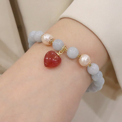 Buddha Stones Natural Aquamarine Chalcedony Serenity Rabbit Gourd Cat Charm Bracelet Bracelet BS Aquamarine Strawberry Quartz Love Heart