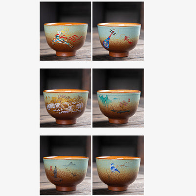 Buddha Stones Colorful Deer Pipa Snow Plum Blossoms Mountains Rivers Bird Ceramic Teacup Kung Fu Tea Cup Bowl Cup BS 32