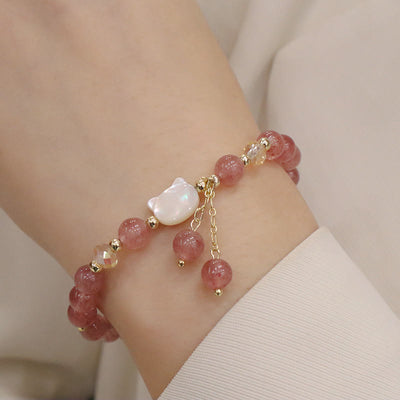 Buddha Stones Natural Strawberry Quartz Morganite Tridacna Stone Cat Love Bracelet Bracelet BS Strawberry Quartz Tridacna Stone Cat(Wrist Circumference 12-14cm)
