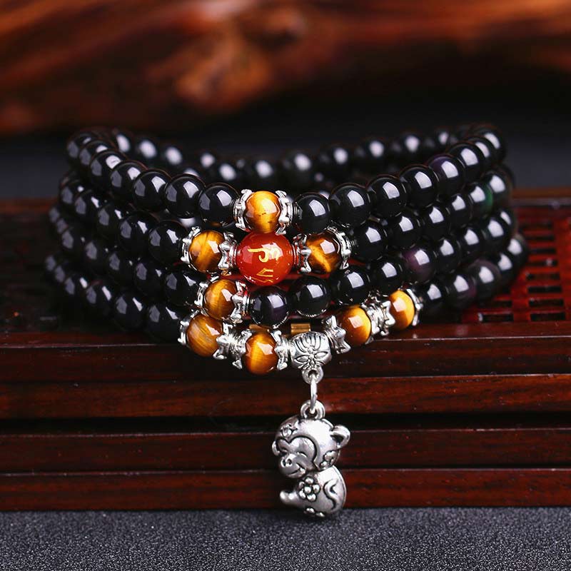 Chinese Zodiac 108 Beads Black Obsidian Tiger Eye Fortune Mala Bracelet Mala Bracelet BS Black Obsidian&Tiger Eye Monkey
