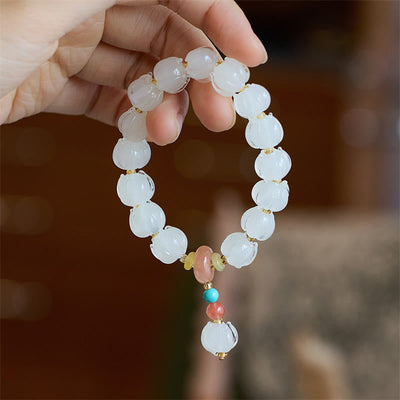 Buddha Stones Liuli Glass Bead Lotus Design Fluorite Ivory Fruit Dancing Lion Charm Enlightenment Bracelet Bracelet BS White Dancing Lion&Lotus(Wrist Circumference 14-16cm)