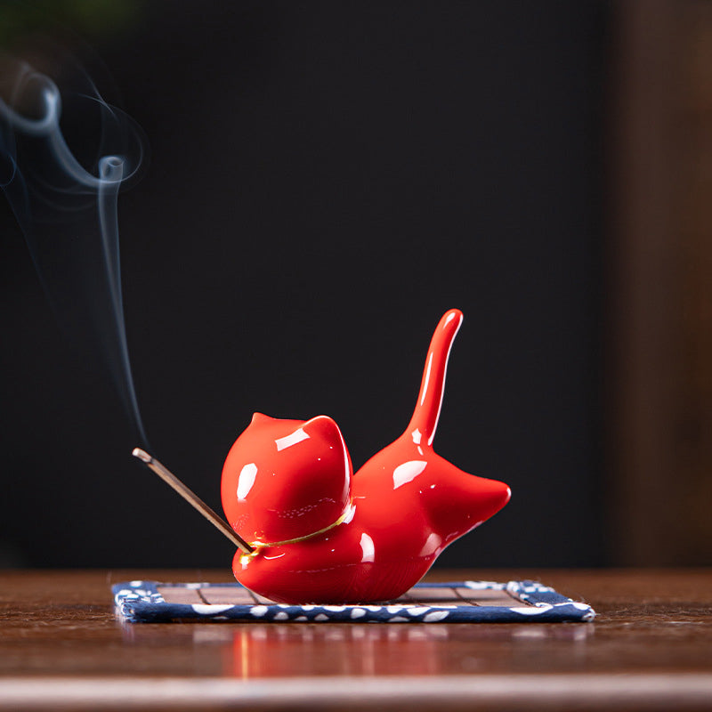 Lovely Cat Panda Ceramic Blessing Incense Burner Decoration Incense Burner BS Red Cat Incense Holder