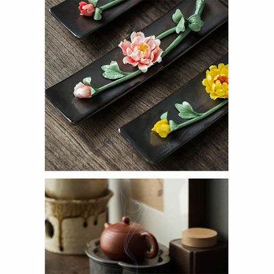 Buddha Stones Lotus Peony Rose Flower Ceramic Spiritual Incense Burner Incense Burner BS 19
