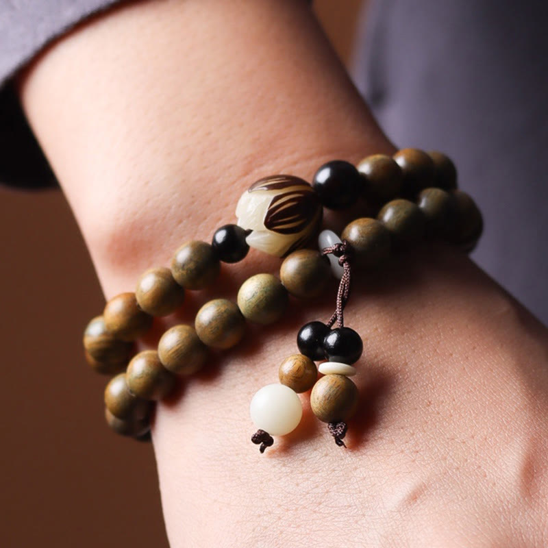 Buddha Stones Green Sandalwood Bodhi Seed Lotus Soothing Double Wrap Bracelet Bracelet BS 4