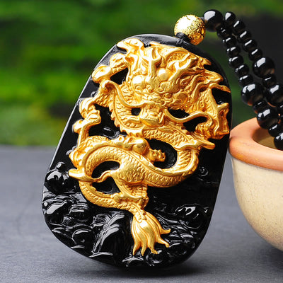 Collier avec pendentif porte-bonheur Foviel en obsidienne et dragon plaqué or 18 carats