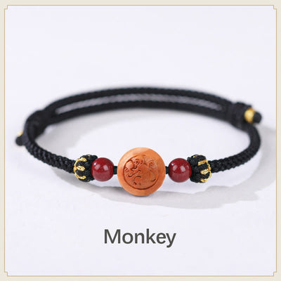 Buddha Stones Natural Peach Wood Chinese Zodiac Fu Character Carved Cinnabar Wealth Bracelet Bracelet BS Monkey-Black(Wrist Circumference 14-22cm)
