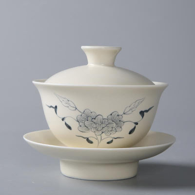 Buddha Stones Hand Painted Pomegranate Hibiscus Pine Lotus Ceramic Gaiwan Sancai Teacup Kung Fu Tea Cup And Saucer With Lid Cup BS 13*9cm*200ml Hibiscus